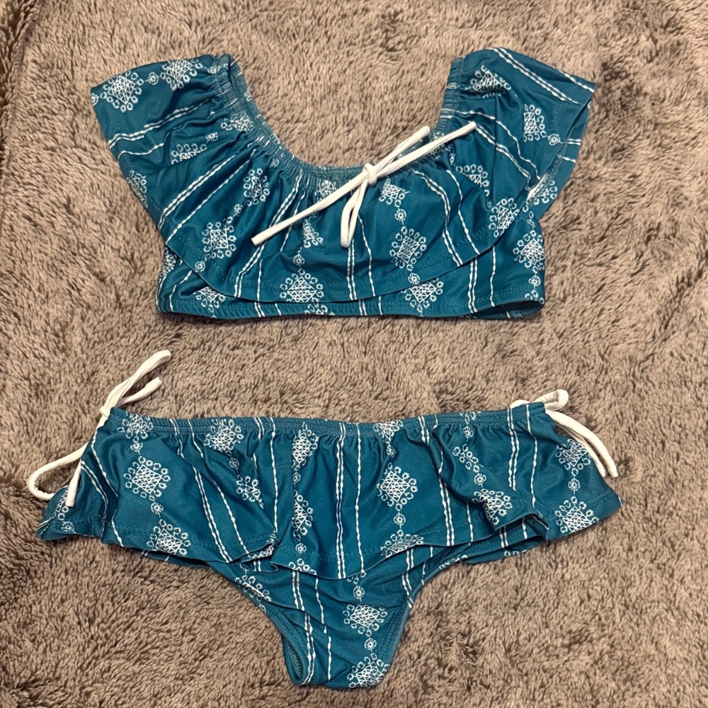 Wildling/Well Dressed Wolf/WDW- Girls Teal Ruffle Bikini Set - Kids Swim Bikini